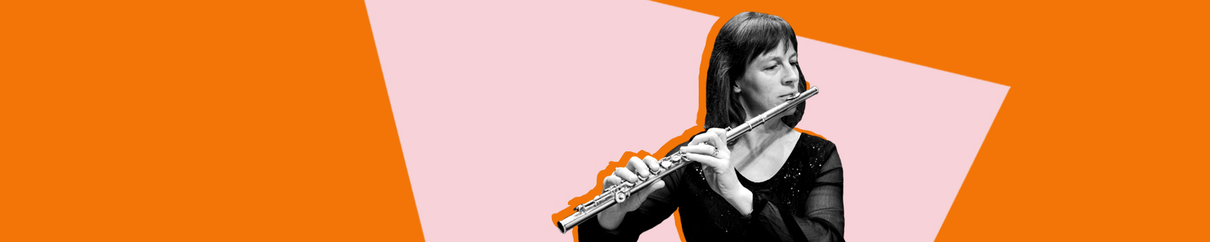 Black and white photograph of an orchestra member playing a flue against a light pink and orange background