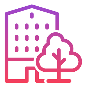 Icon showing a building and tree illustrating a leafy campus