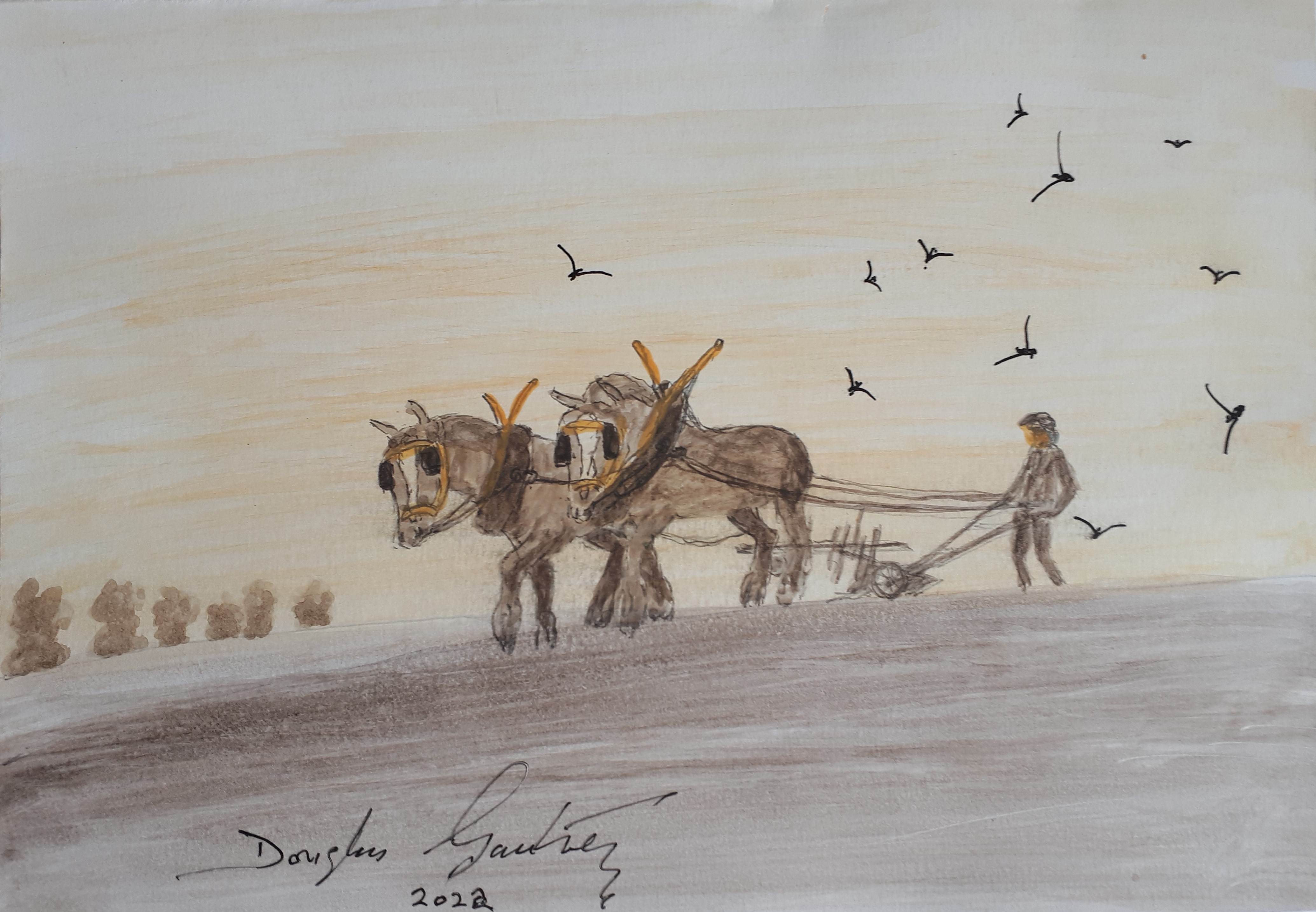 sketch of two horses and man ploughing