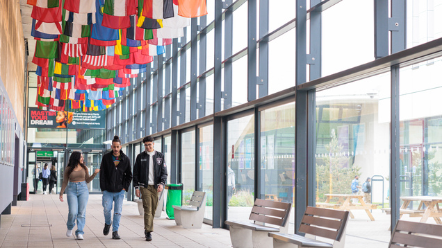 students walking underneath international flags